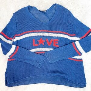 WOODEN SHIPS BLUE RED PULLOVER KNIT LOVE SWEATER WOMENS SZ SMALL/MEDIUM